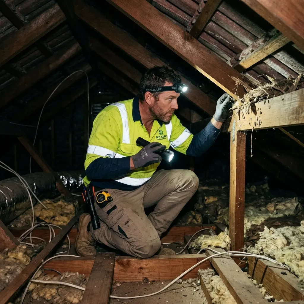 Technician inspecting a roof cavity for a dead animal in Rosanna