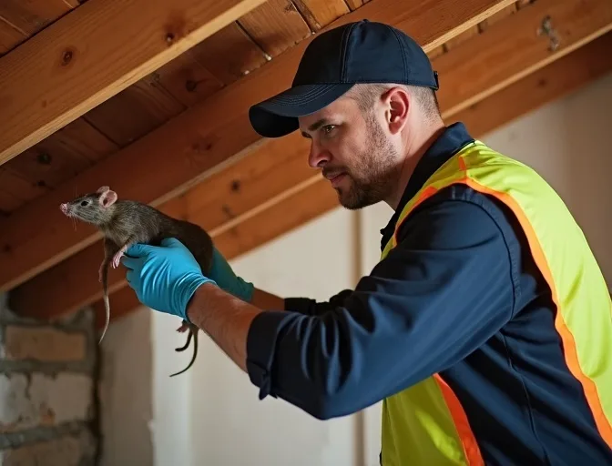 Technician inspecting a roof cavity for a dead rat in Rosanna